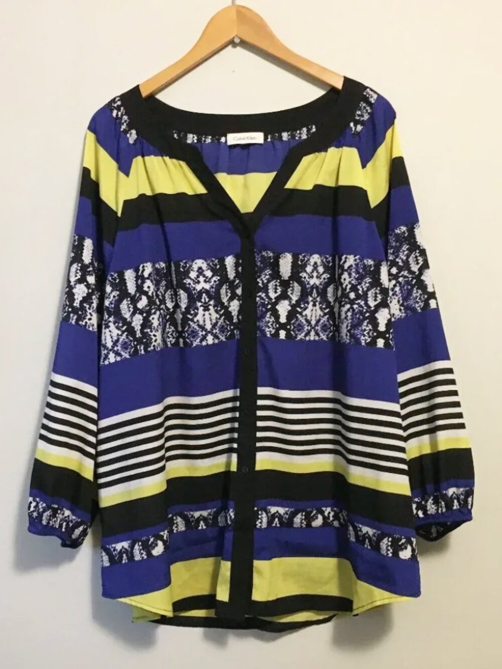 Calvin Klein Modern Colourblock Print Sheer Button Down Tunic Blouse 2X Bauhaus